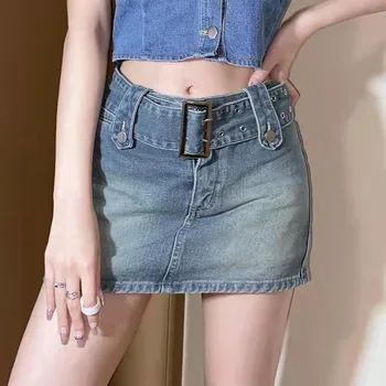 Бесплатная доставка 2023, летняя женская новая джинсовая короткая тонкая юбка трапециевидной формы с поясом