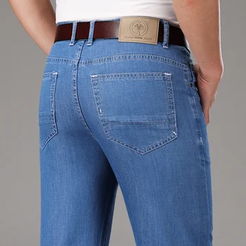Классические Летние мужские Тонкие деловые прямые джинсы из лиоцелловой ткани, стрейчевые джинсовые брюки, Мужские брендовые брюки