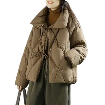 Новая женская куртка на белом утином пуху, осень-зима, верхняя одежда с завязками, Свободное повседневное пальто большого размера, однотонное пальто