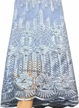 Африканская сетчатая кружевная ткань с камнями 2023, Высококачественный нигерийский тюль, кружевной материал для свадебного платья небесно-голубого цвета SLL3767