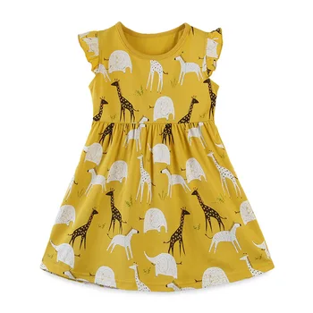 UH8731 2023, Летнее новое желтое платье для девочек с коротким рукавом и круглым вырезом, Детская одежда Оптом