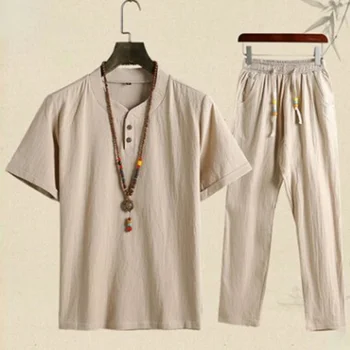 Летние модные мужские рубашки, Комплект брюк из хлопка и льна, рубашки с коротким рукавом, Мужской повседневный топ, Брюки, Мужская одежда M-4XL