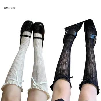 Женские мягкие гольфы B36D, милые кружевные носки с рюшами и бантом для девочек, костюм для студенческих свободных чулок до колена