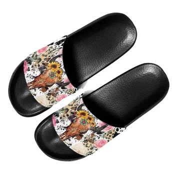 Летние легкие тапочки для женщин, уличные пляжные сандалии для прогулок, художественный животный принт с изображением черепа быка, нескользящие тапочки для домашней ванной