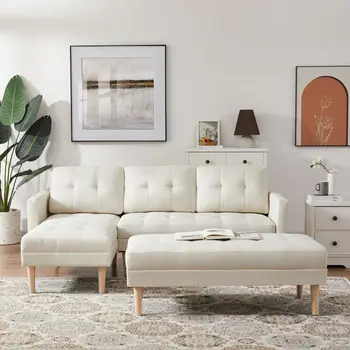 Бежевый секционный диван-кровать L-образный диван-шезлонг со скамейкой-пуфиком, комбинированный диван из магазина одежды, современная гостиная