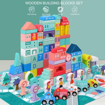 Набор деревянных строительных блоков, игрушка Монтессори, Городская Строительная головоломка, дошкольное обучение, строительные блоки с цифрами и буквами, игрушка для детей