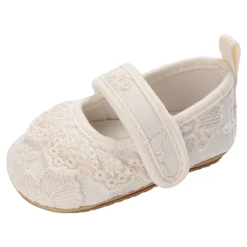 Обувь для малышей с вышивкой, кружево для маленьких девочек, Однотонные Первые ходунки, Плоская подошва, Легкие модельные туфли для новорожденных, Обувь для кроватки
