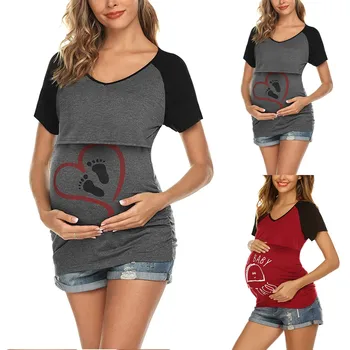 Летняя одежда для беременных, рубашка для беременных с забавным принтом, топ с рюшами по бокам для беременных и кормящих с коротким рукавом сарафан для беременных