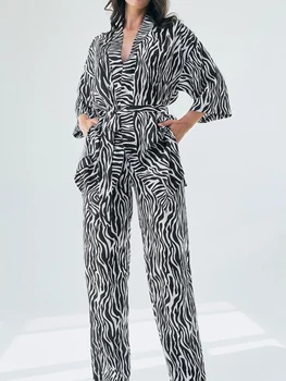 Женская домашняя одежда с принтом Linad, комплекты из 2 предметов, пижамы с V-образным вырезом и рукавом три четверти, пояса, Женские брючные костюмы, Летняя мода