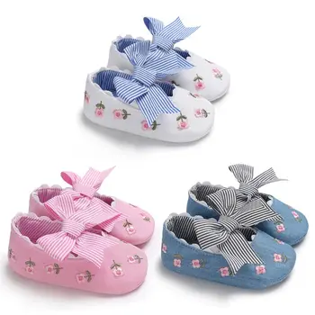 Модная обувь принцессы с вышивкой в виде цветка для малышей, для маленьких девочек, с большим бантом, мягкая,
