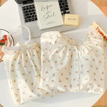 Одежда из чистого хлопка для кормящих матерей, Двухслойная марлевая пижама с цветочным принтом для грудного вскармливания, одежда для сна в комнате