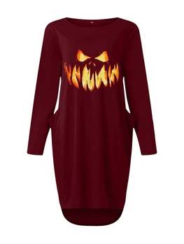 Женское платье для сна на Хэллоуин, Свободный вырез, длинный рукав, Гримаса, карман для сна, ночная рубашка