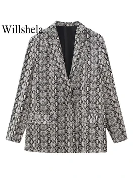 Willshela Женский модный блейзер с карманами и принтом на одной пуговице, винтажный вырез с вырезами, длинные рукава, шикарные женские наряды
