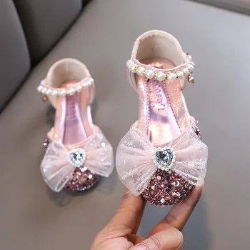 Обувь принцессы Нежные Сандалии для девочек С кружевным бантом, детские танцевальные туфли со стразами в виде сердца, дышащие детские сандалии, Размер 21-36