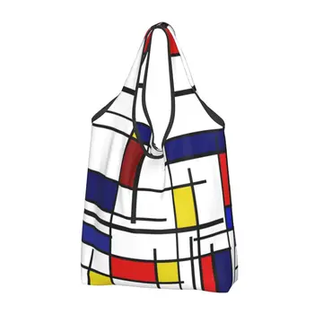 Сумка для покупок Mondrian Minimalist Art Grocery, изготовленная на заказ, сумки через плечо для покупателей, Портативная Цветная художественная сумка большой емкости