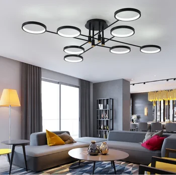 Современная светодиодная люстра для гостиной, спальни, черный алюминиевый потолочный светильник с 6/8 кругами, внутреннее освещение с дистанционным управлением
