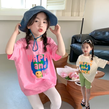 2023 Летняя Новая Детская одежда Для девочек, Корейская Свободная футболка С надписью, Модная Повседневная Футболка Для девочек, Топы с короткими Рукавами
