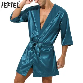 Мужские халаты с капюшоном, открытый спереди Ночной халат с капюшоном, атласные пижамы с коротким рукавом, кимоно с поясом, халат с коротким рукавом, ночное белье