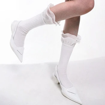 Субкультура Новый дизайн, Двухслойные Плиссированные Кружевные носки с рюшами, женские носки средней длины, модные хлопчатобумажные носки с воланами в виде листьев Лотоса