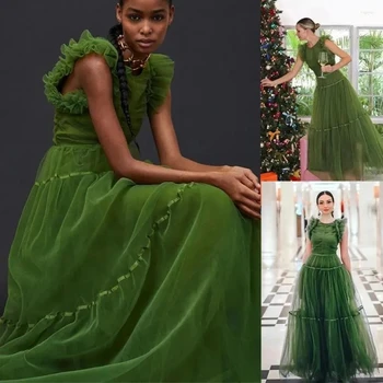 Армейское зеленое свадебное платье трапециевидной формы из тюля, женская свадебная фотосессия, платье для выпускного вечера, повседневный пляжный халат с оборками, женский Макси на заказ