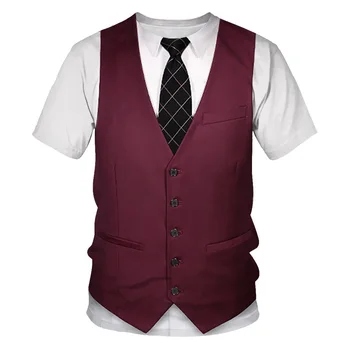 Детская интересная летняя футболка, 3D имитация костюмного жилета, фрак, галстук-бабочка, круглый вырез, короткий рукав, 2023 г.