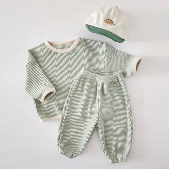 2023, Корейский весенне-осенний комплект детской одежды для мальчиков, хлопковые Фирменные рубашки с заплатками в виде вафель, Костюм, Однотонный Свободный стрейчевый костюм для мальчиков