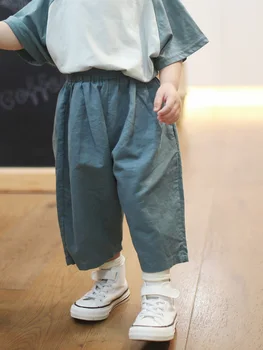 Детские брюки для мальчиков из корейского хлопка и льна, летние, тонкие, длиной до колен, Модные, однотонные, с эластичной талией, Свободные, широкие