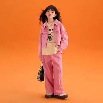 Джинсовые костюмы для девочек 8-10 лет, Осень 2023, Розовое пальто, Джинсы, Комплект одежды из двух предметов, Корейский