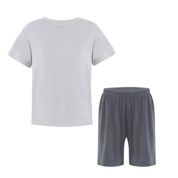 Пижамный комплект для мальчиков и девочек унисекс, однотонный пижамный комплект с круглым вырезом, футболка с коротким рукавом и мягкие дышащие шорты, одежда для сна, ночное белье