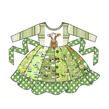 Оптовая продажа детской одежды, платья для девочек с длинным рукавом, платья для девочек с рисунком коровы с рисунком фермы