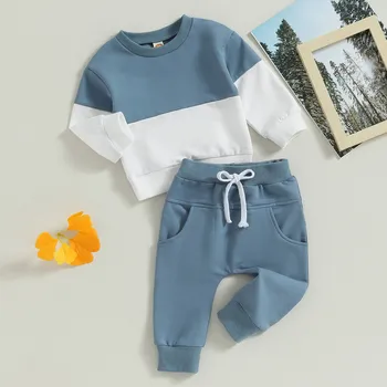 Комплекты брюк для новорожденных мальчиков, осенняя одежда из 2 предметов контрастного цвета, толстовка с длинным рукавом, топы и брюки, наряды, детские вещи, одежда