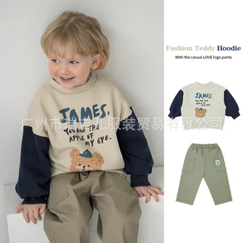 Повседневная детская осень пуловер для мальчика медвежонок принт с круглым вырезом контрастного цвета свитер для мальчика твердые брюки для мальчиков одежда