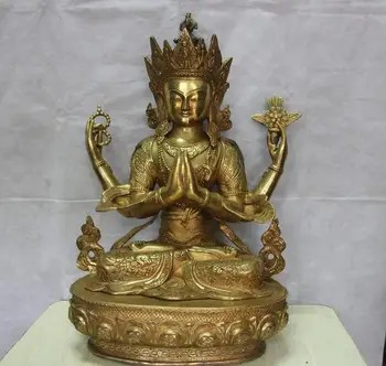 Бронзово-медный буддийский дракон с Четырьмя руками Статуя Бодхисаттвы Гуаньинь Кван-инь