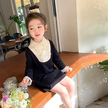 Платье для девочек корейской версии, Весна-осень 2023 г., Новое элегантное Повседневное модное платье принцессы с оборками во французском стиле, детская одежда