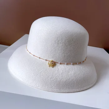 Легкая роскошная шляпа-абажур с бантом из жемчуга и циркона, высококачественный цилиндр из австралийской шерсти, фетровая шляпа, модная французская банкетная шляпа для бассейна