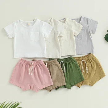 Летняя новая одежда для маленьких мальчиков и девочек, однотонная повседневная рубашка для новорожденных с короткими рукавами и эластичные шорты, комплект милой детской одежды