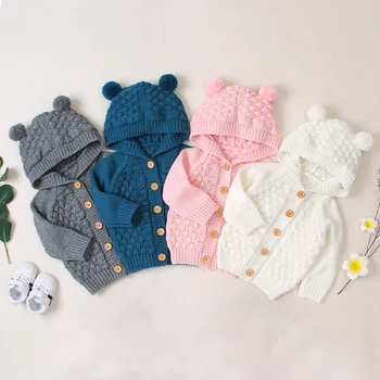 Вязаный кардиган для маленьких мальчиков и девочек, свитер, Весна-осень, Однотонный меховой шар, детская одежда с капюшоном, свитера