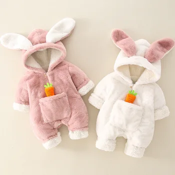 Одежда для новорожденных, зимний комбинезон с кроликом, бархатный утепленный комбинезон для мальчиков и девочек, милая зимняя теплая одежда для ползания.