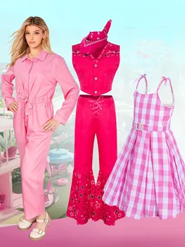 Розовый клетчатый костюм для взрослых девочек на Хэллоуин, Модный женский костюм с розами, Винтажное элегантное платье в клетку с бантом