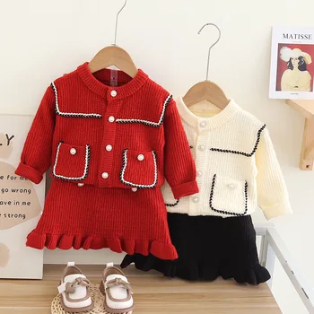 2023 Новый Рождественский Трикотажный комплект, Красный Ароматный Кардиган, Топ + Короткая Плиссированная юбка, Модный Комплект Для девочек 0-6 лет, Школьное платье