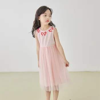 летнее детское пышное платье с бантом и принтом, одежда для маленьких девочек, розовое милое сетчатое платье принцессы, платье-жилет без рукавов
