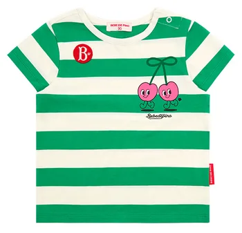 Детская футболка для девочек из чистого хлопка, футболка в зеленую полоску для мальчиков, топ с вишневым принтом 2023, Новое лето