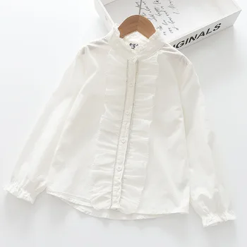 2023 Весна-осень, Новые белые блузки, модная кружевная рубашка для девочек со стоячим воротником из чистого хлопка с длинным рукавом