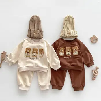 Осенний Новый комплект одежды с длинными рукавами для малышей, толстовка с вышивкой мишки для малышей + брюки, костюм из 2 предметов, повседневная одежда для мальчиков и девочек