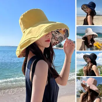 Женская солнцезащитная шляпа, повседневная женская солнцезащитная шляпа-ведро, двусторонняя летняя шляпа с широкими полями, складная рыбацкая шляпа