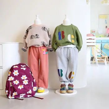 Вязаный свитер, топы, Зимний утепленный Корейский комплект детской одежды, свитшоты с буквенным принтом для мальчиков и девочек, детский костюм + брюки,
