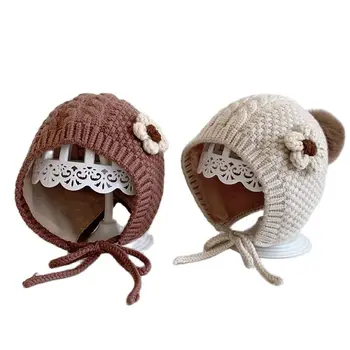 Зимняя детская шапочка с подкладкой, детские ушанки, теплые шапочки, милая вязаная шапочка с помпоном ручной работы, шапочка-капор для малышей, шапочка для новорожденных