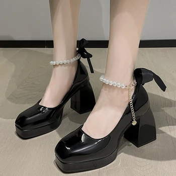Черные/белые Женские туфли на высоком каблуке с элегантным бантом и квадратным носком, черные туфли на высоком каблуке, модные свадебные туфли на толстом каблуке с жемчужным кружевом, свадебная обувь