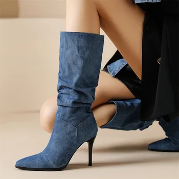 Женские ботинки 2023, Зимние пикантные туфли на шпильке с острым носком, женская обувь 48 размера, Элегантная джинсовая ткань, тонкие сапоги на высоком каблуке, прямая поставка
