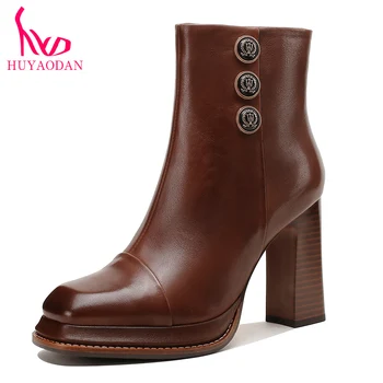 Женская обувь HUYAODAN, Новый бренд, натуральная кожа, Высокие каблуки, платформа, Черные, коричневые, осенне-зимние теплые ботильоны в стиле ретро, Размер 34-39